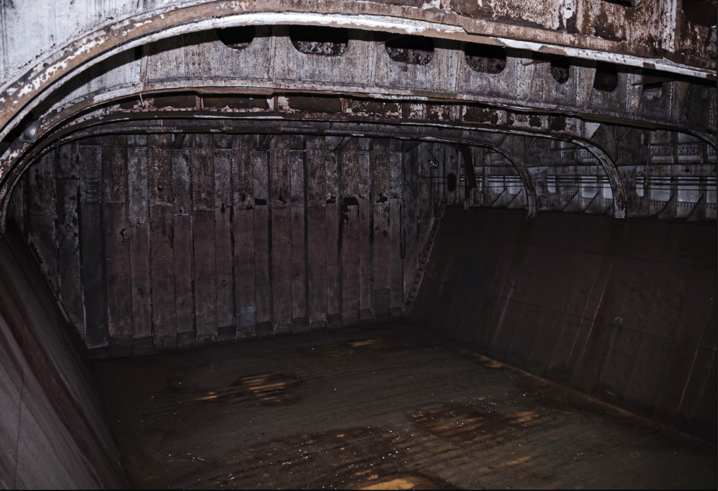 Inside one of the compartments of the grain bulker, Col. James. Schoonmaker, located at the Museum of the Great Lakes, Toledo, Ohio.